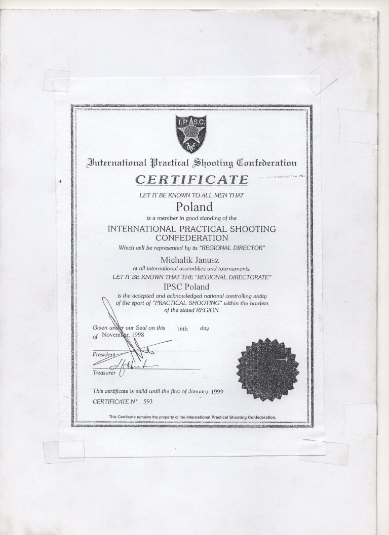 pierwszy certyfikat dla IPSC Poland Janusza Michalika